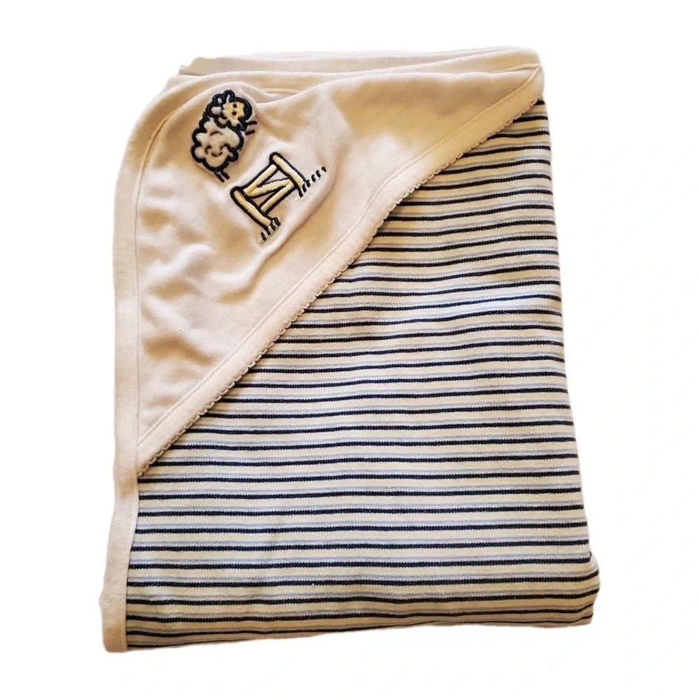 Cotton Baby Receiving Blanket Hooded Blue Stripes Sheep‎ Fence Nursery